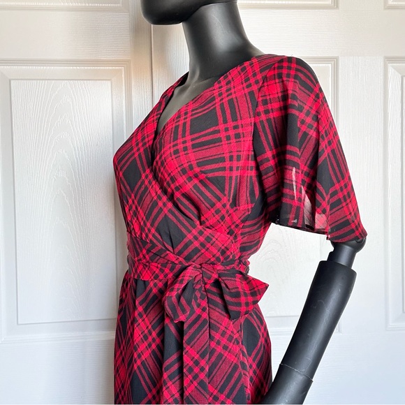 Ralph Lauren red plaid chiffon dress belted flatter short sleeve size 2 - Picture 5 of 14